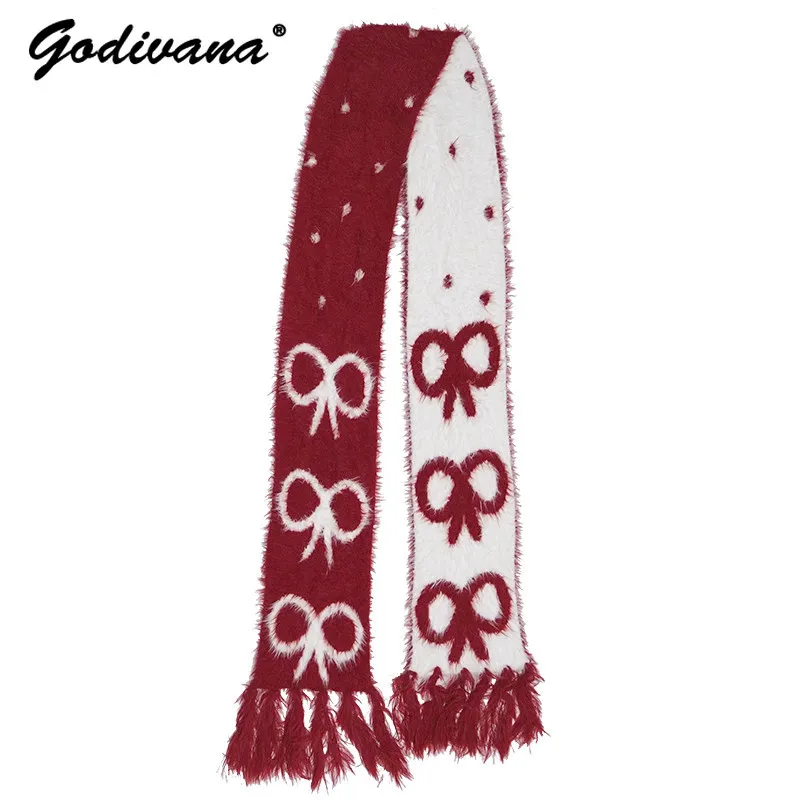 New Winter New Year Bow Jacquard Long Hair Tassel Red and White Christmas Scarf Imitation Mink Fur Thickened Warm Scarf