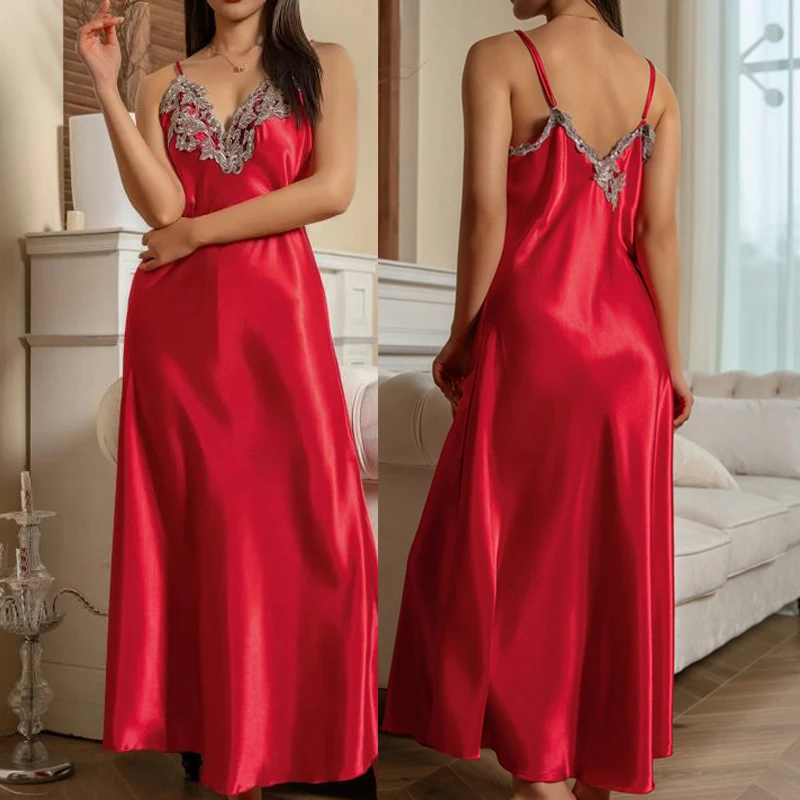 

Sexy Lace Patchwork Nightdress Lingerie Women Silky Satin Home Dress Long Sleepwear Nightgown Summer New Loungewear Nightwear