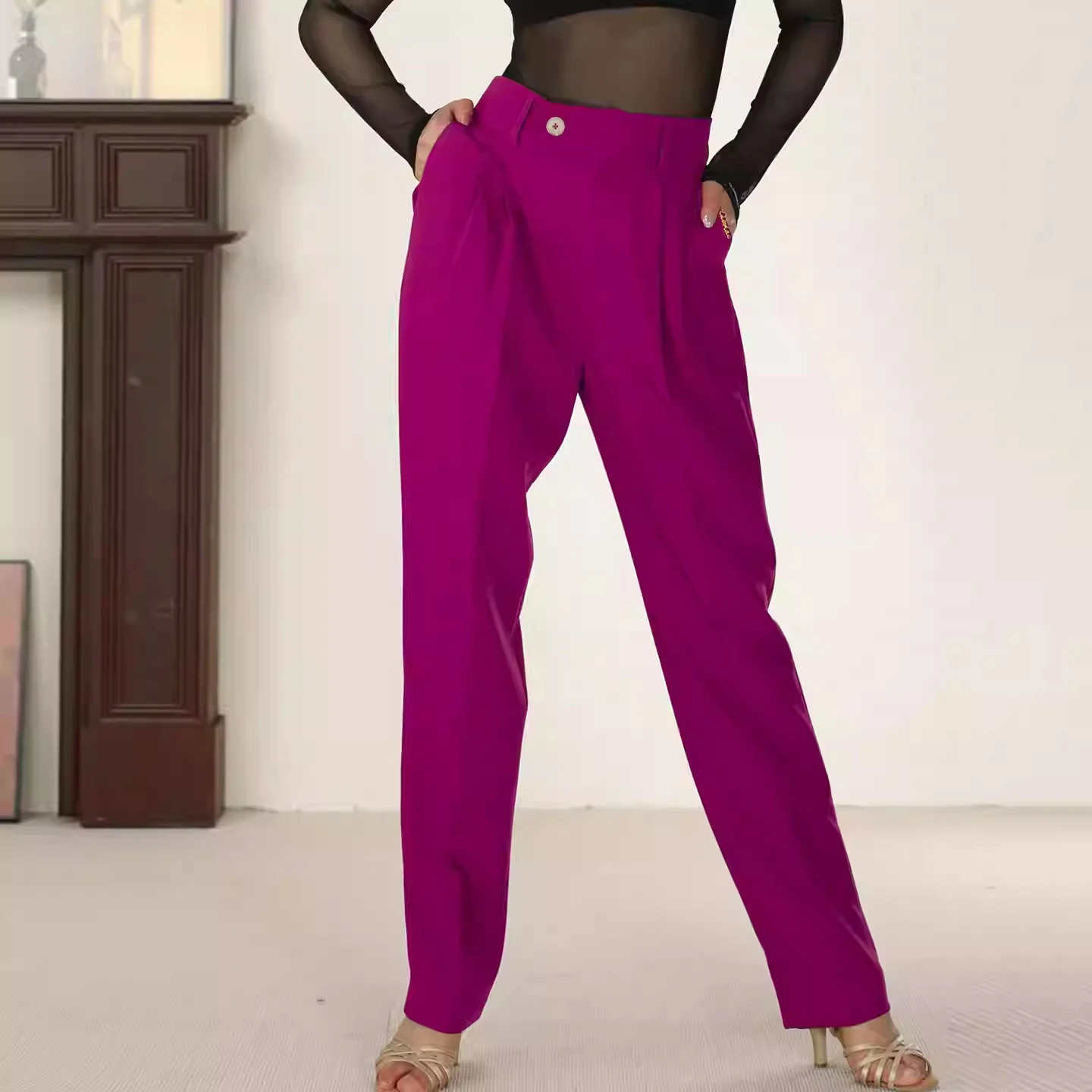 2025 Latin dance costume female adults new high waist slimming straight leg loose long pants tango chacha samba practice pants