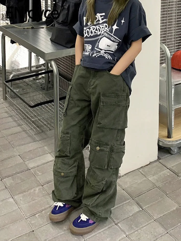 

ENjoyce Vintage Multi Pockets Cargo Pants Y2K Streetwear Outdoor Women Men Casual Wide Leg Trousers Size 2XL Spring Fall