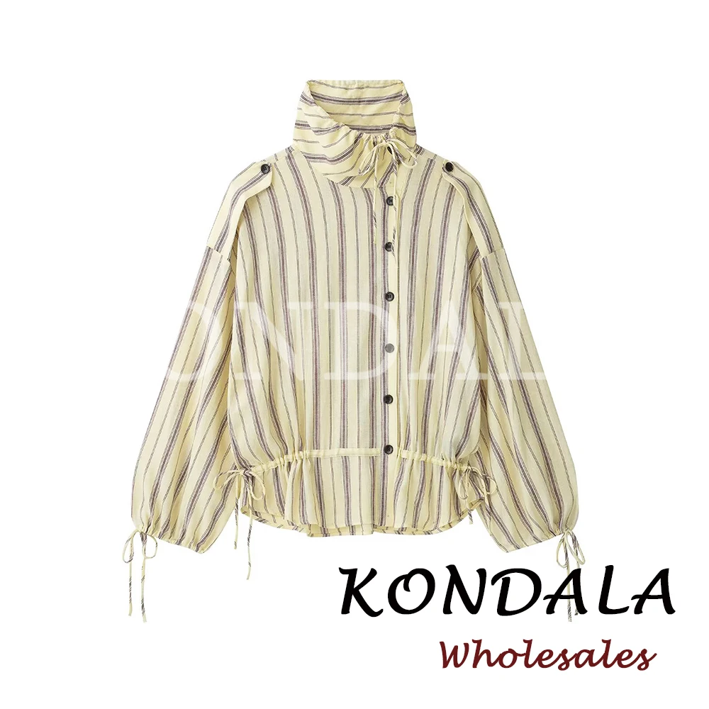 KONDALA Vintage Striped Yellow Fashion 2026 Autumn Streetwear Women Shirt Sashes High Street Chic Single Breasted Female Outwear