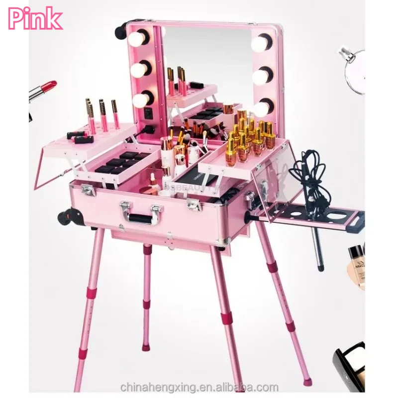 24 inch Multi-functional Professional Makeup Studio Suitcase Beauty Salon Led Lights Mirror Cosmetic Cases with Retractable Legs