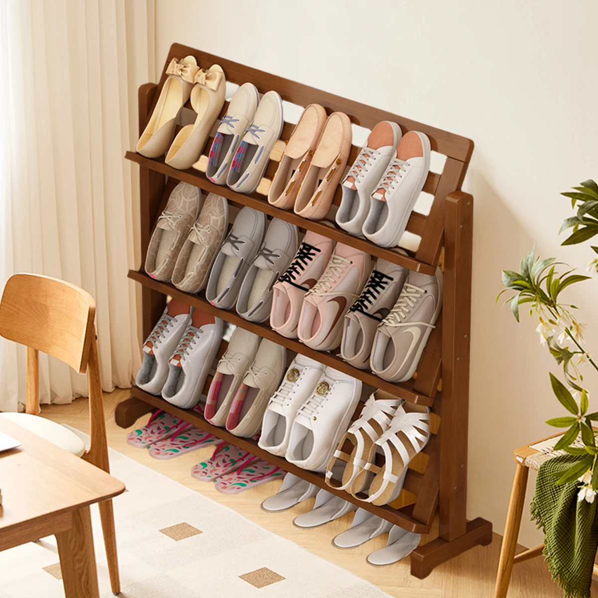 

3 Tier Bamboo Corner Shoe Rack - Floor Standing Shoe Cabinet, Space Saving for Small Entry/Cloakroom (Walnut)