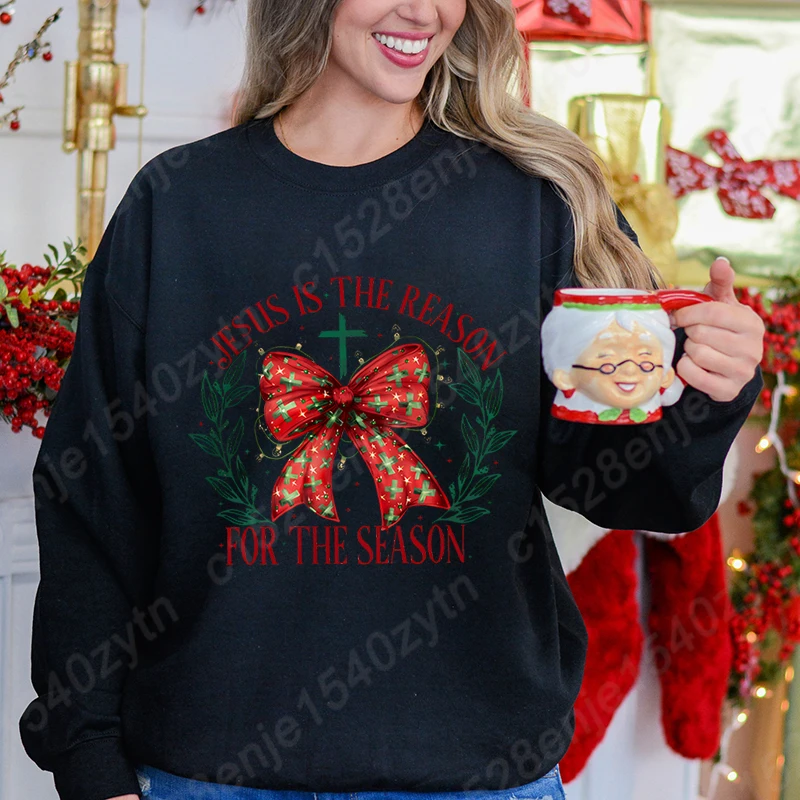 Christmas Bow Jesus Is The Reason For The Season Hoodless Sweatshirts Women Long-sleeved Winter Autumn Pullovers Pure Color Tops