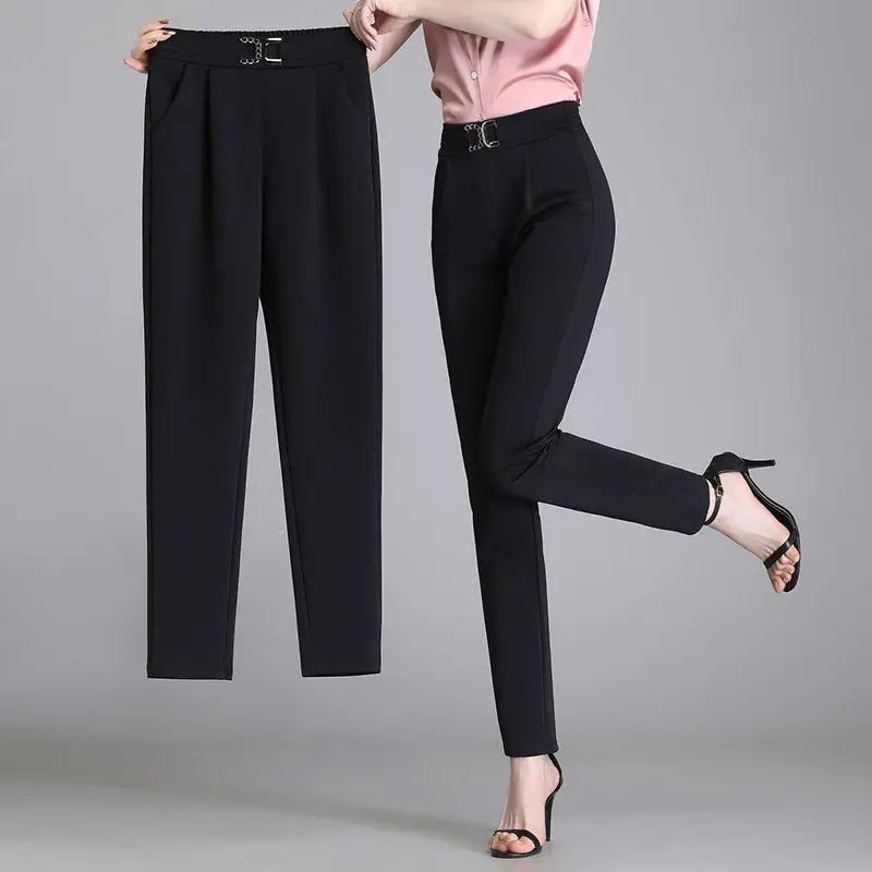 Temperament Straight Micro Flared Pants Women Elastic High Waist New Autumn Solid Pockets Diamonds Fashion Slim Casual Trousers