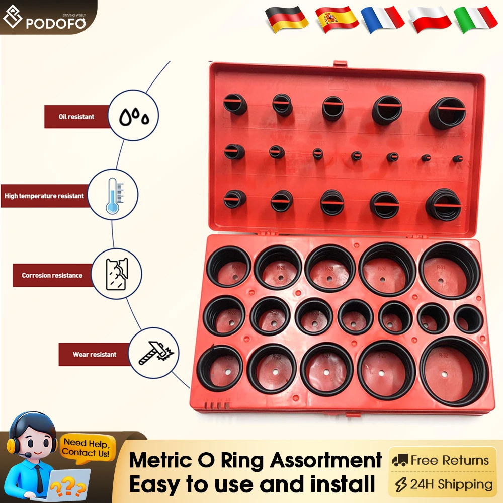 Podofo 419 قطعة مجموعة متنوعة من حلقات O المترية للسيارة مجموعة متنوعة من الختم الدائري لإصلاح السيارات والسباكة والصنبور