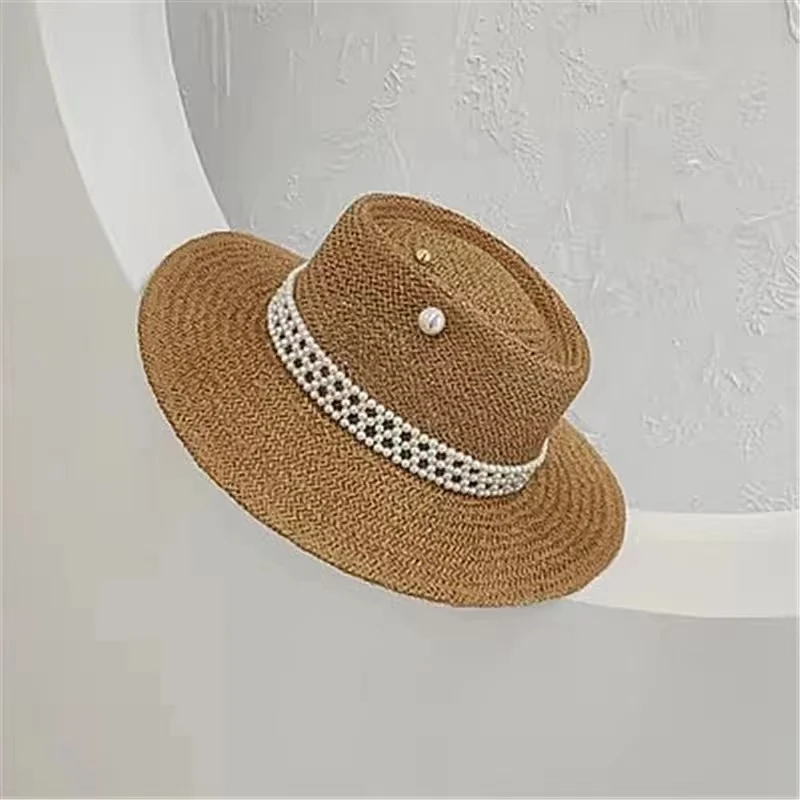 202404-shi new dropshipping Natural salty grass weaving pearl chian pin lady cap women leisure panama JAZZ hat