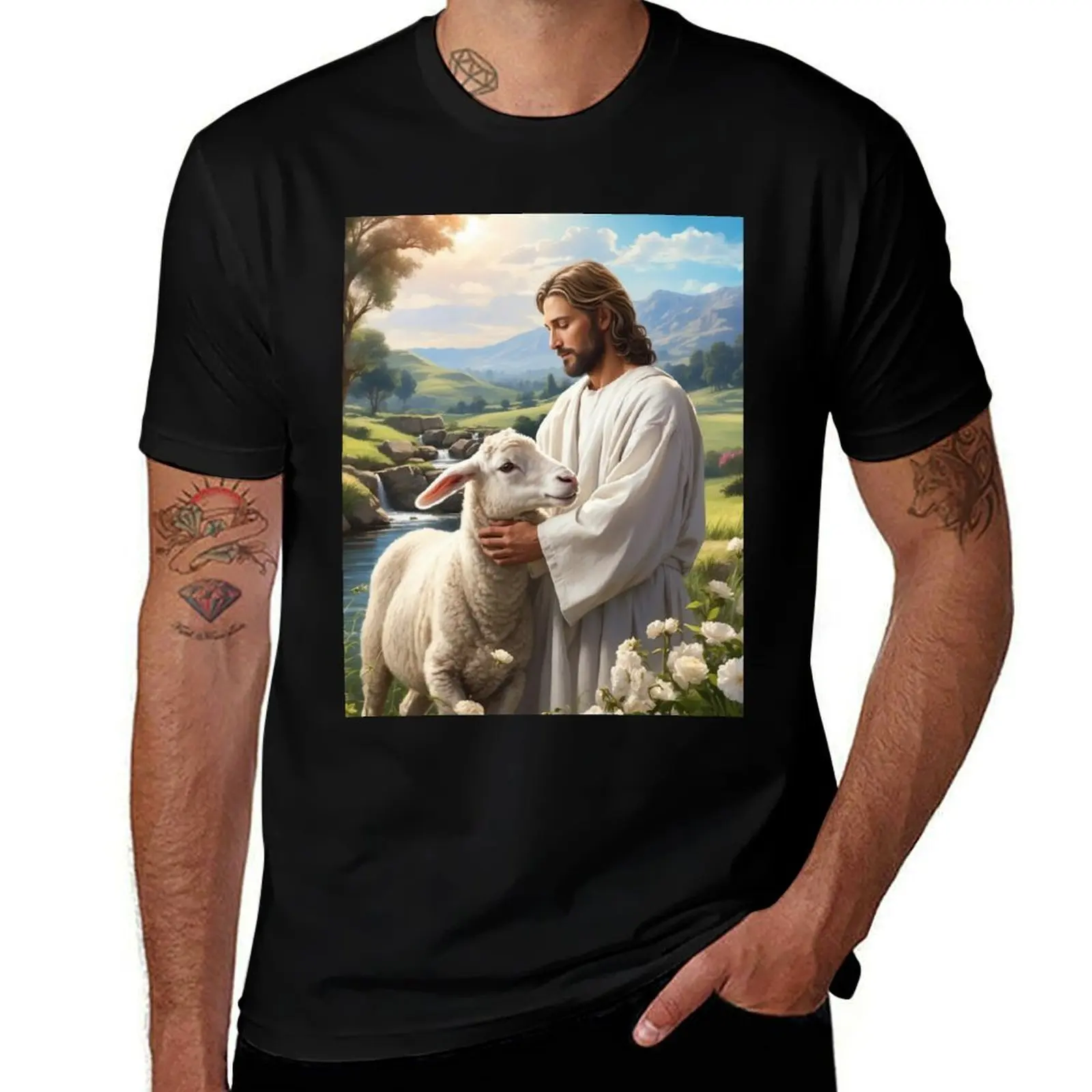 Christian Art: A Timeless Canvas Wall Art of Jesus and Lamb T-Shirt Summer Print Short Sleeve Tee T-Shirt