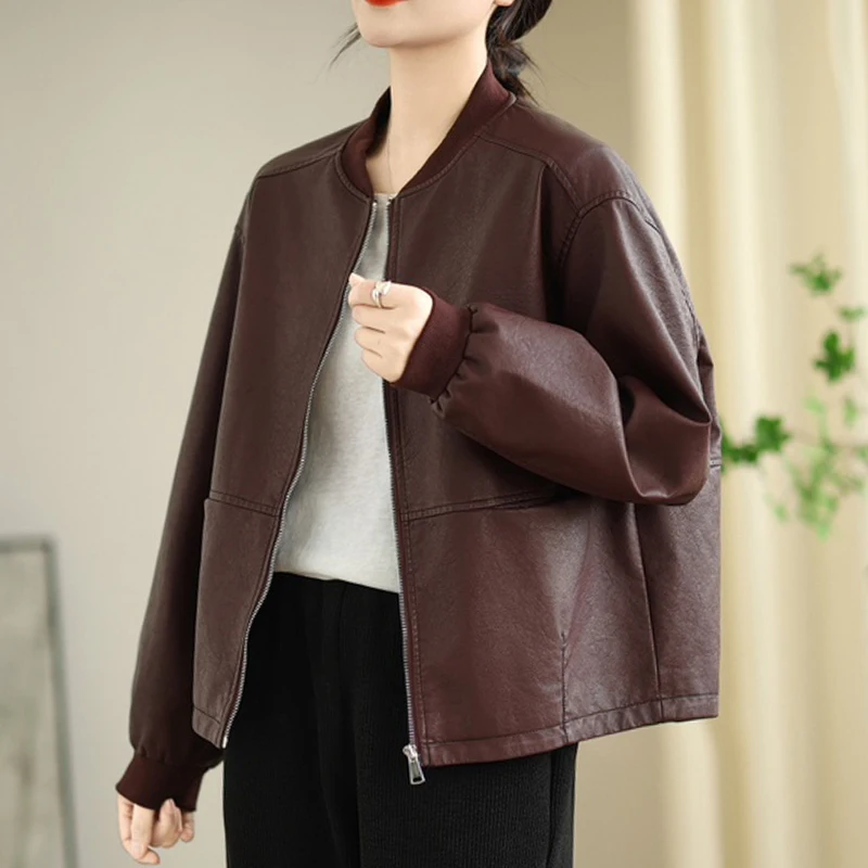 Masss Wasss 韓国秋女性ルーズレジャーヴィンテージフェイクレザージャケットレディースクラシック V ネックウインドブレーカーファッション PU コート