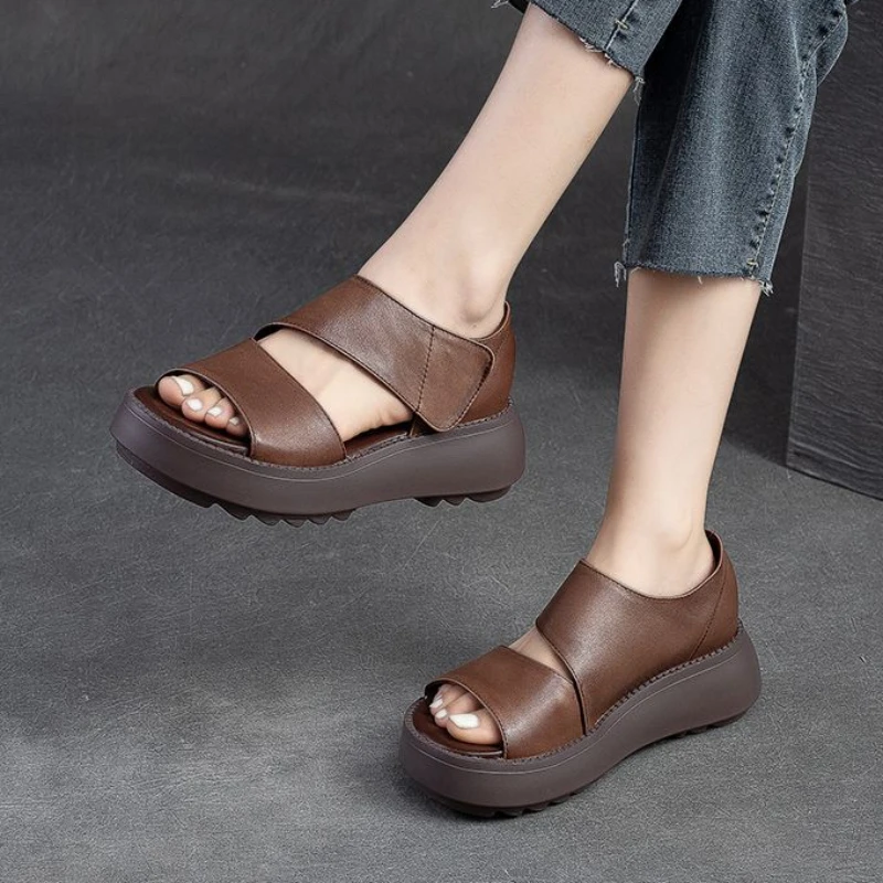 

Women's Summer Sandals Platform Shoes Wedges Roman Sandals Hook & Loop Women Sandals Pu Leather Retro Shoes Woman 2024 Trend