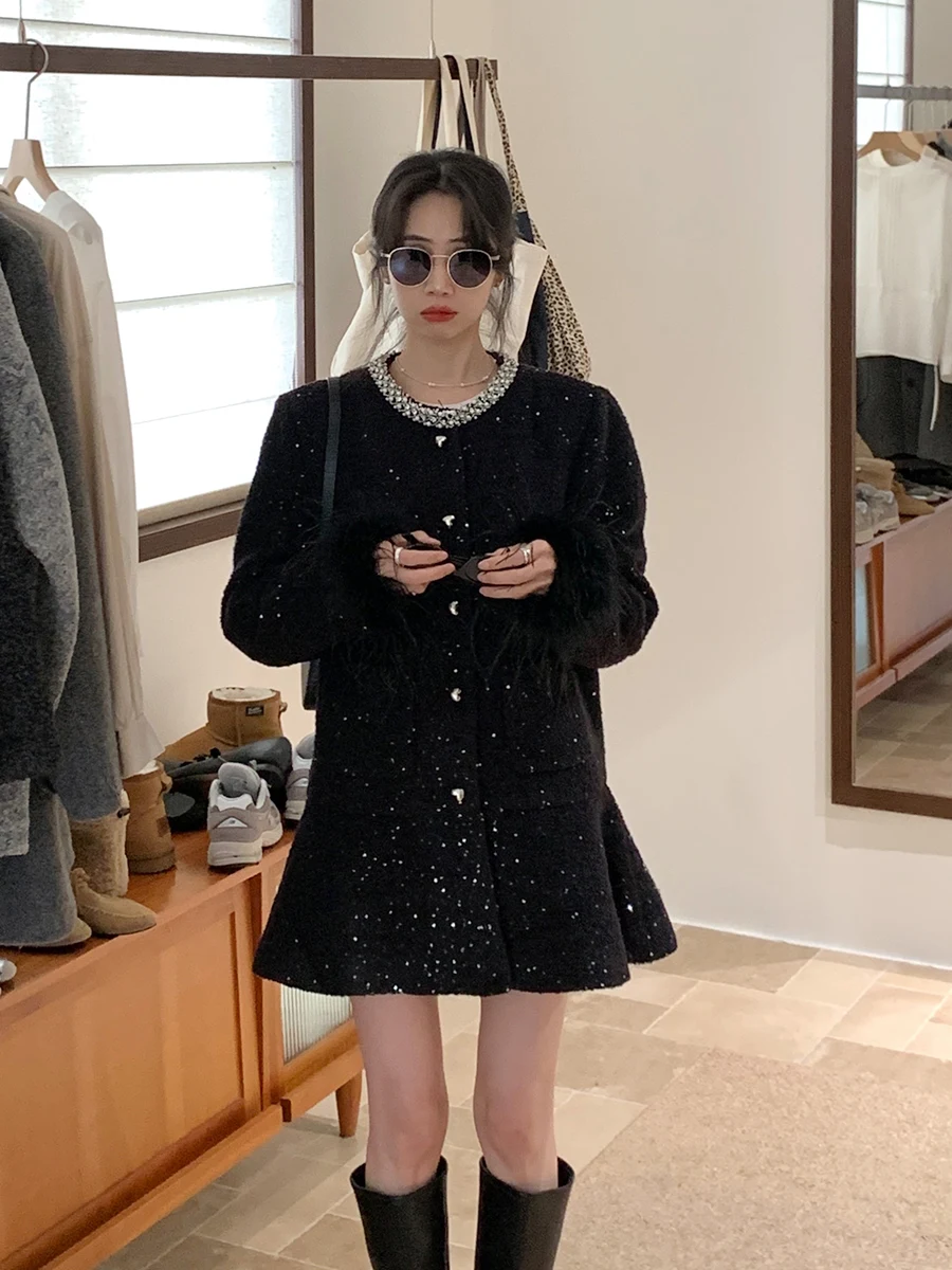 

BRIVIN Black Shiny Sequin Woolen Quilted Jacket Women's Mid-Length Winter Coat Korean Style Straight Cut Online Exclusive