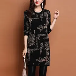 Female Clothing Casual Printed Midi T-shirt Vintage O-Neck Autumn Winter Long Sleeve Korean Loose All-match Spliced Pullovers