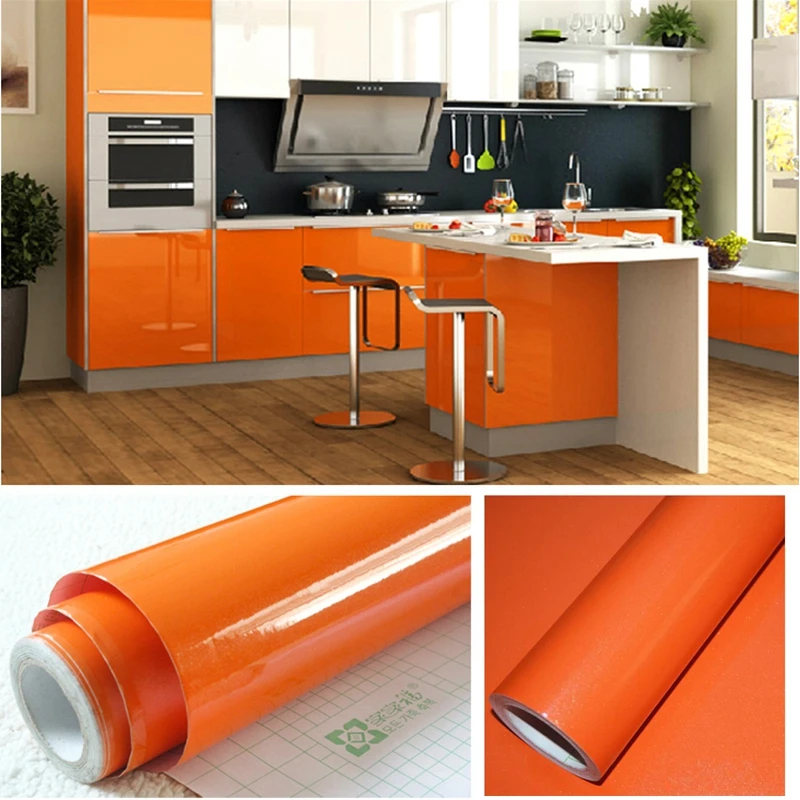 Solid Color Bright PVC Self Adhesive Waterproof Oil-proof Wallpaper Furniture Film Wall Sticker For Kitchen Cabinet Door Desktop