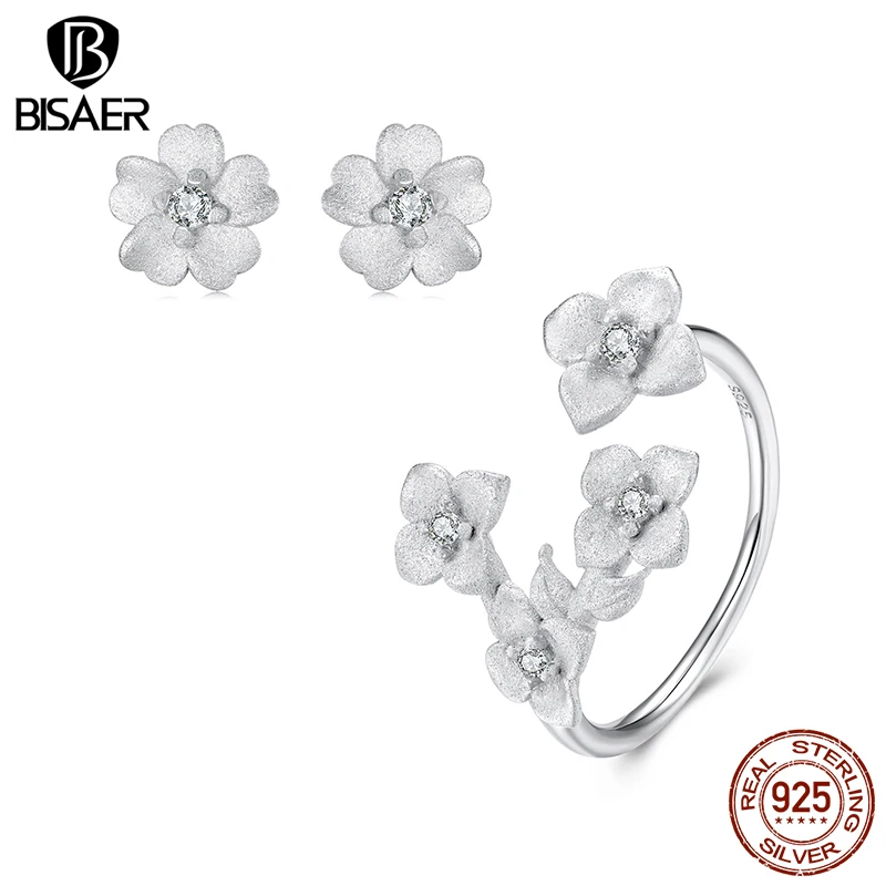 BISAER 925 Sterling Silver Frosted Texture Flower Jewelry Set Zircon Stud Earrings Open Ring for OL Women Party Fine Jewelry