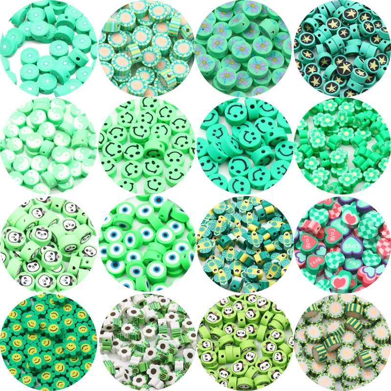 20/50/100pcs Green Polymer Clay Beads Flower Smile Eyes Chick for Jewelry Making Bracelet DIY Necklace Handmade Accessories