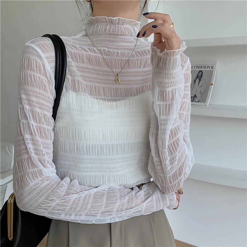 2025 New Summer Lace Mesh Women's T-shirts Hollow Out High Waist Stand Collar Bottom Solid Casual Loose Shirts Tops For Women