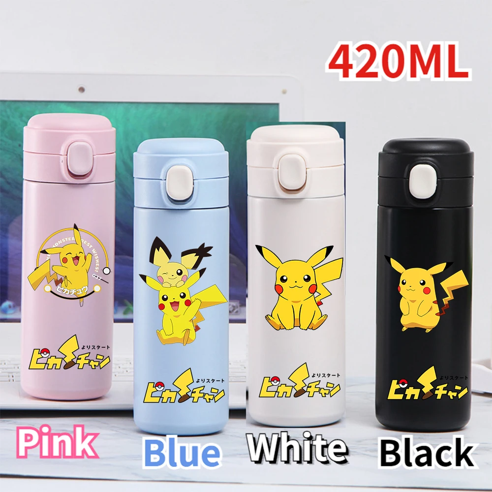 420ML Pokemon White pink Blue Black Thermos Stainless Steel Cup Outdoor PortableCamping Travel Water Cup Pikachu Ash Ketchum