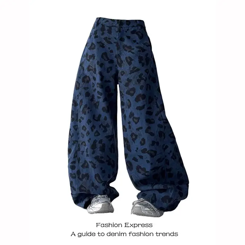

Осенние женские синие джинсы Y2K с леопардовым принтом, винтажные широкие брюки из ПВХ-ткани, большие размеры, женские брюки свободного кроя