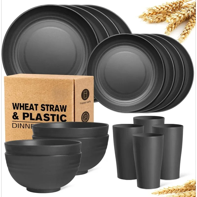 

16-count Kitchen Plastic Wheat Straw Dinnerware Set, Service for 4, Dinner Plates, Dessert Plate, Cereal Bowls, Cups