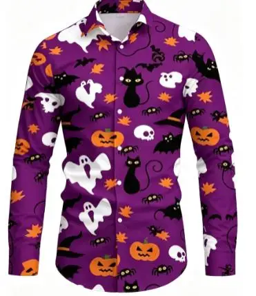 Men Long Sleeve Button Down Shirt Purple Halloween Ghost Pumpkin Black Cat Bat Print Polyester Lapel Collar Party