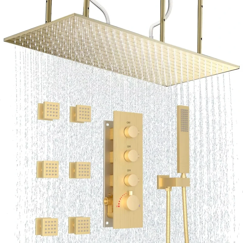 

Brushed Gold Ceiling Mount Waterfall Use All Functions at Same Time 16x32 Inches Large Rain Shower System