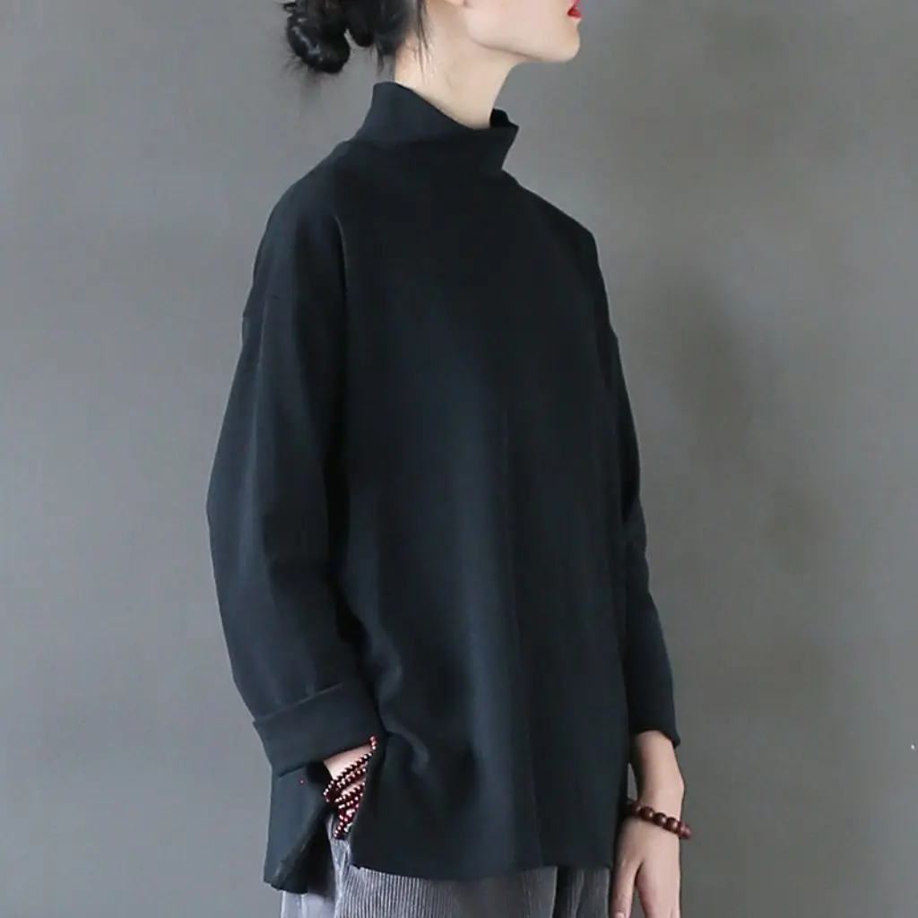 

Women's Artistic Knitted Cotton T-shirt Xi Mo High Collar Long-Sleeved Black Top for Spring And Autumn All-Match Backing