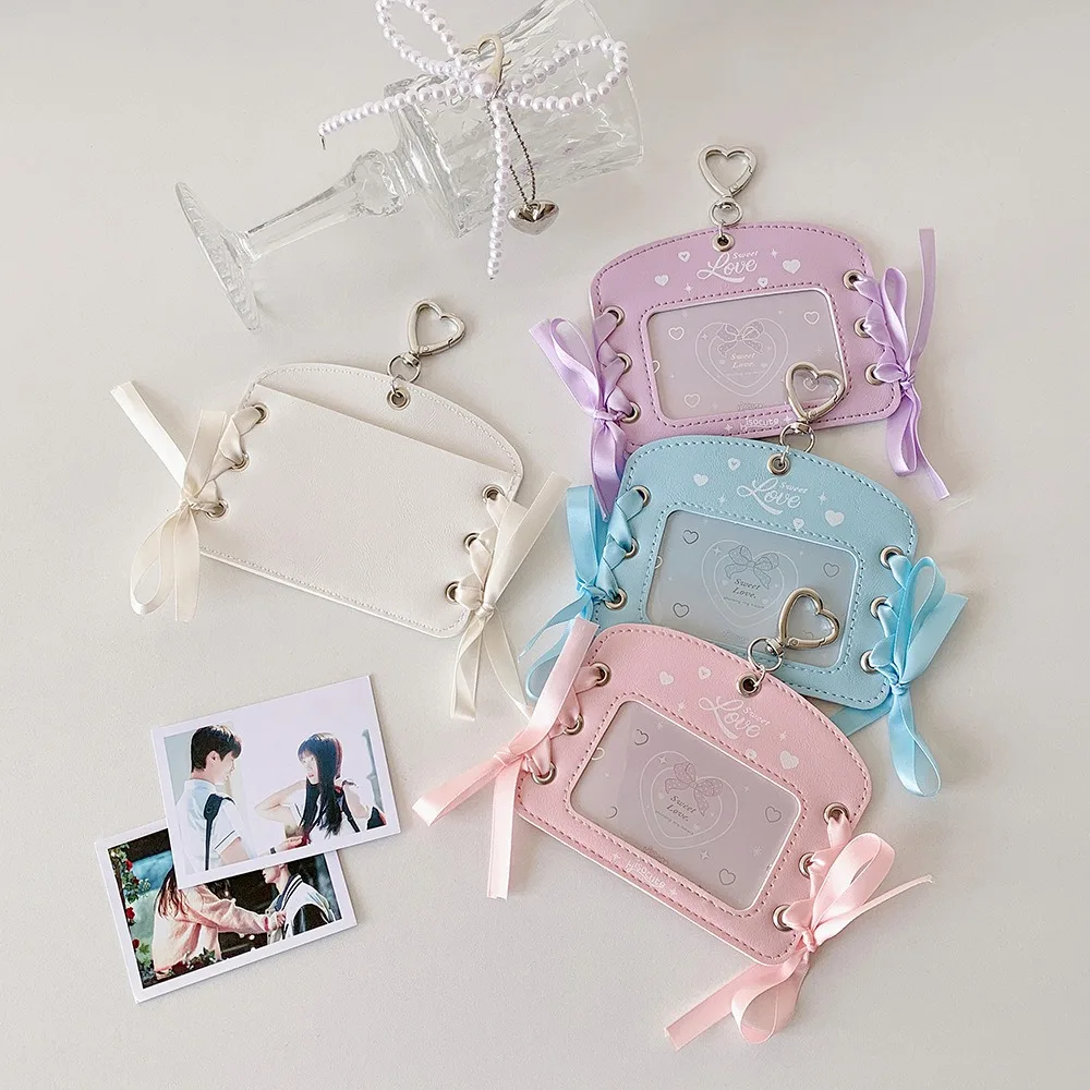 DIY Ballet Ribbon Korean Photocard Holder With Keychain Love Heart Pendant Photo Photocard Frame Hanging Decoration Picture