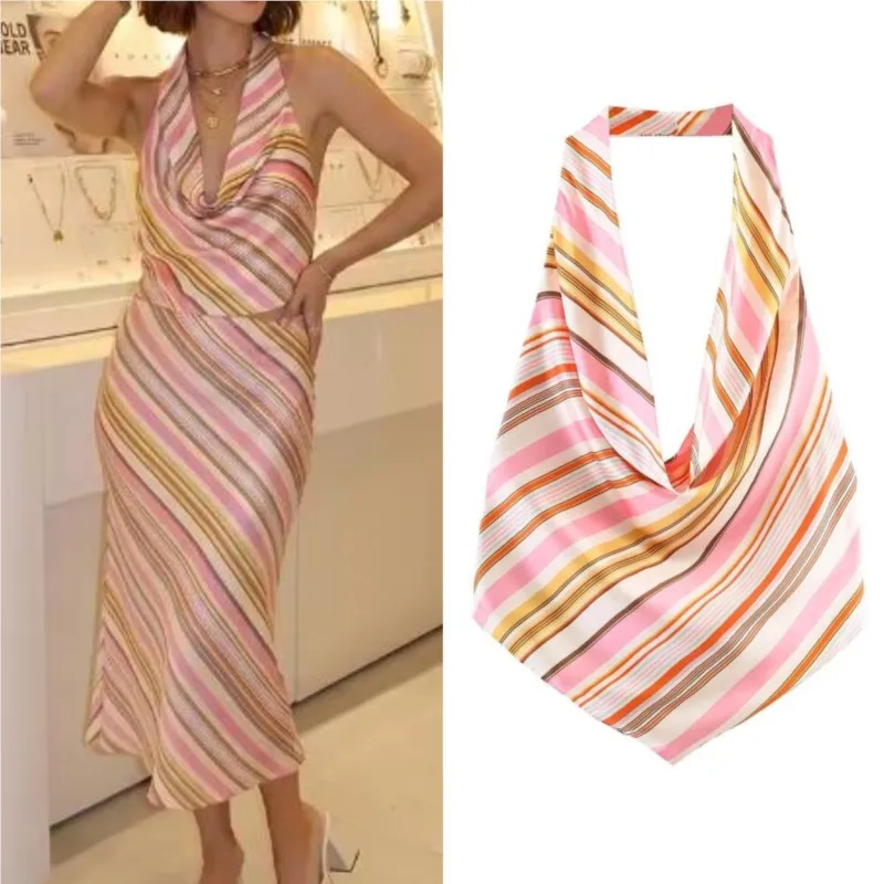 Women's Satin Striped 2 Piece Outfit Halter Tie Front Crop Top Midi Slip Skirt Summer Matching Sets Beach Party Dress Suit