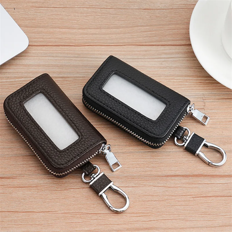 Visual Mirror Window Car Key Protector Bag Leather Key Holder Mini Auto Key Pocket Case Retro Keyring Wallet Zipper Bag