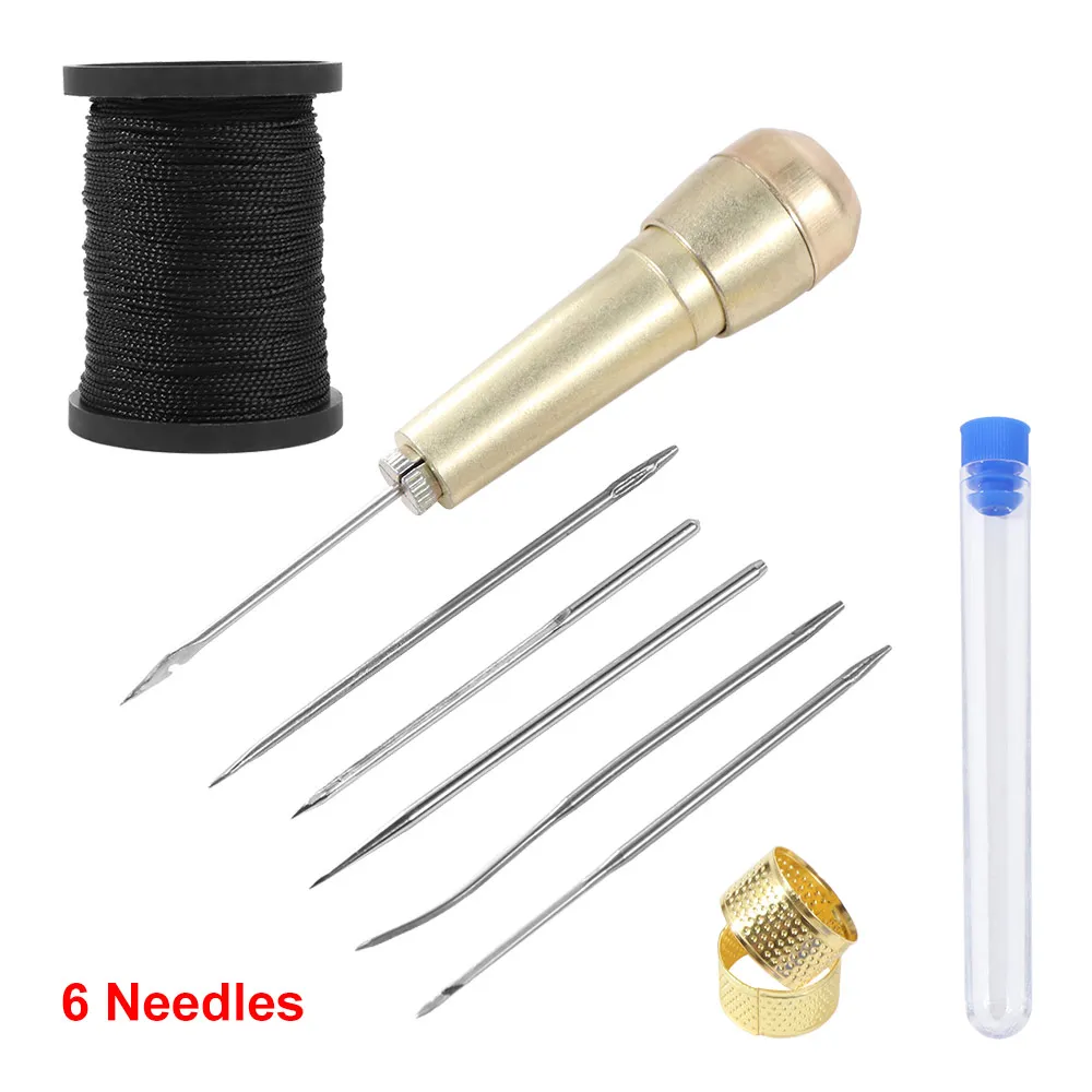 1Set Sewing Awl Needle Handmade Leather Sewing Tools DIY Craft with Copper Handle Leather Sewing Tapered Needles Nylon Thread