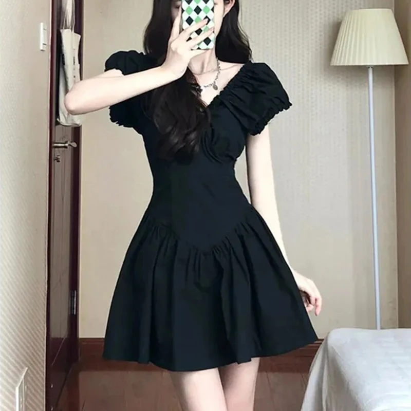 Gidyq Black A Line Mini Dress Women French Sweet Kawaii High Waist V Neck Pleated Skirt Ladies Fashion Retro Vestidos Summer New