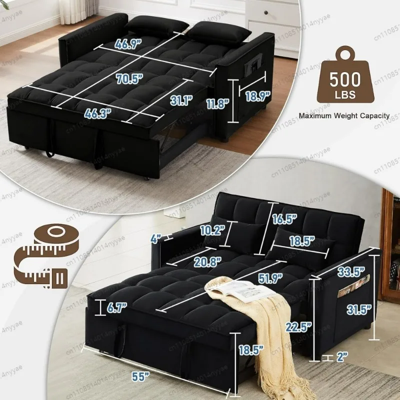 55 Inch 3-in-1 Sleeper Loveseat, Velvet Futon Sofa with Adjustable Reclining Backrest and Pull Out Couch, Includes Pillows