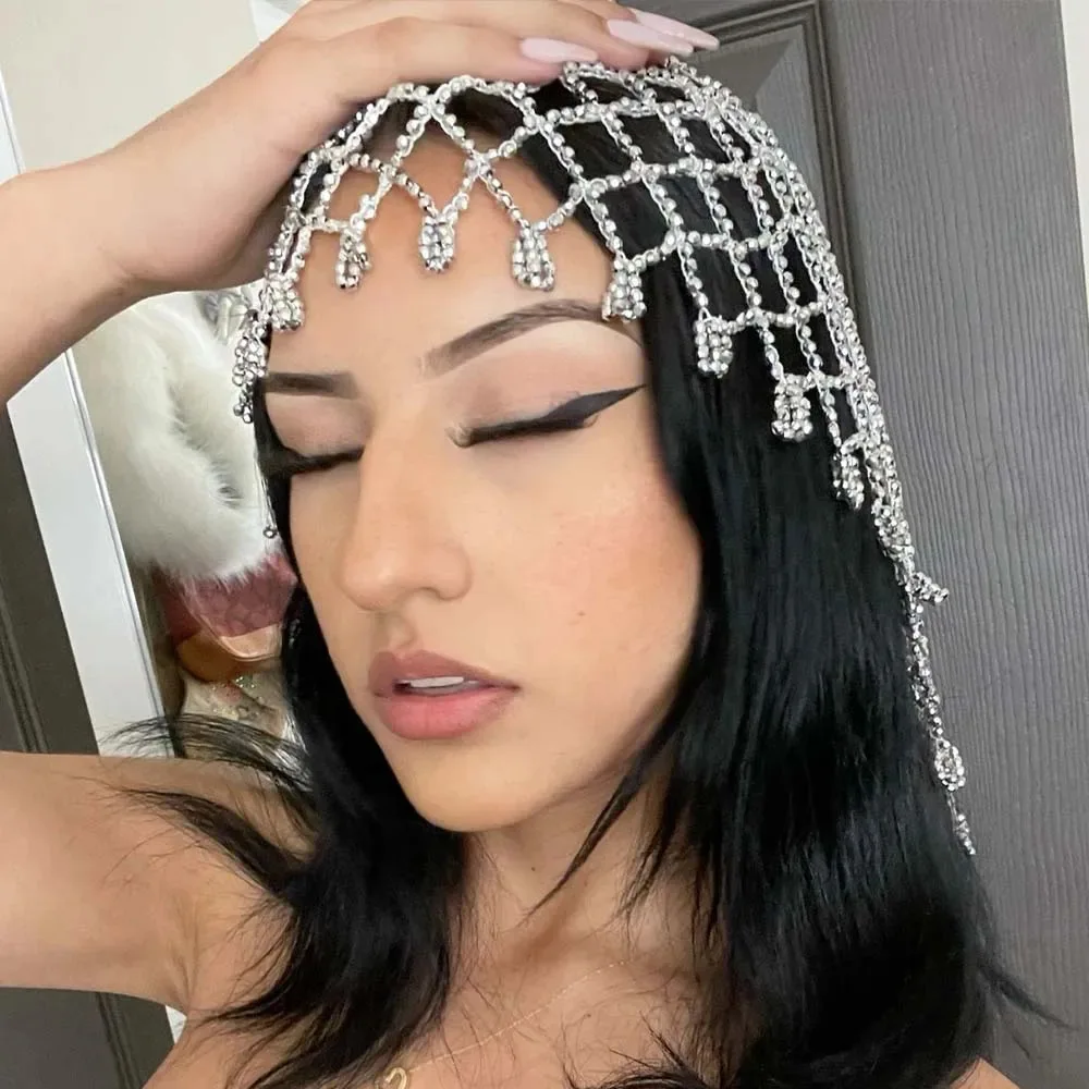 

New mesh tassel hair chain personality exaggerated rhinestone headgear hair accessories street accessories women's headwear
