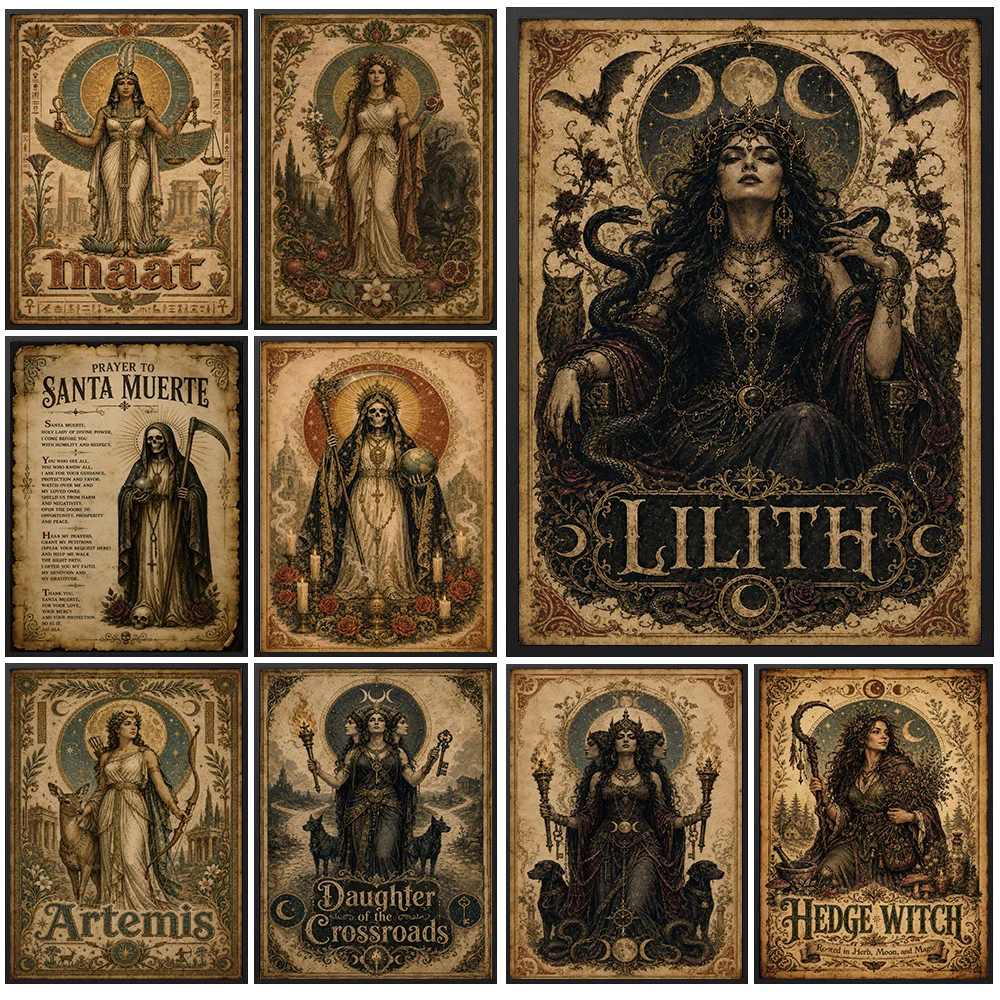 Antique Myth Goddess Canvas Print Retro Witchcraft Occult Art Poster Hecate Lilith Kali Vintage Gothic Wall Picture Decor