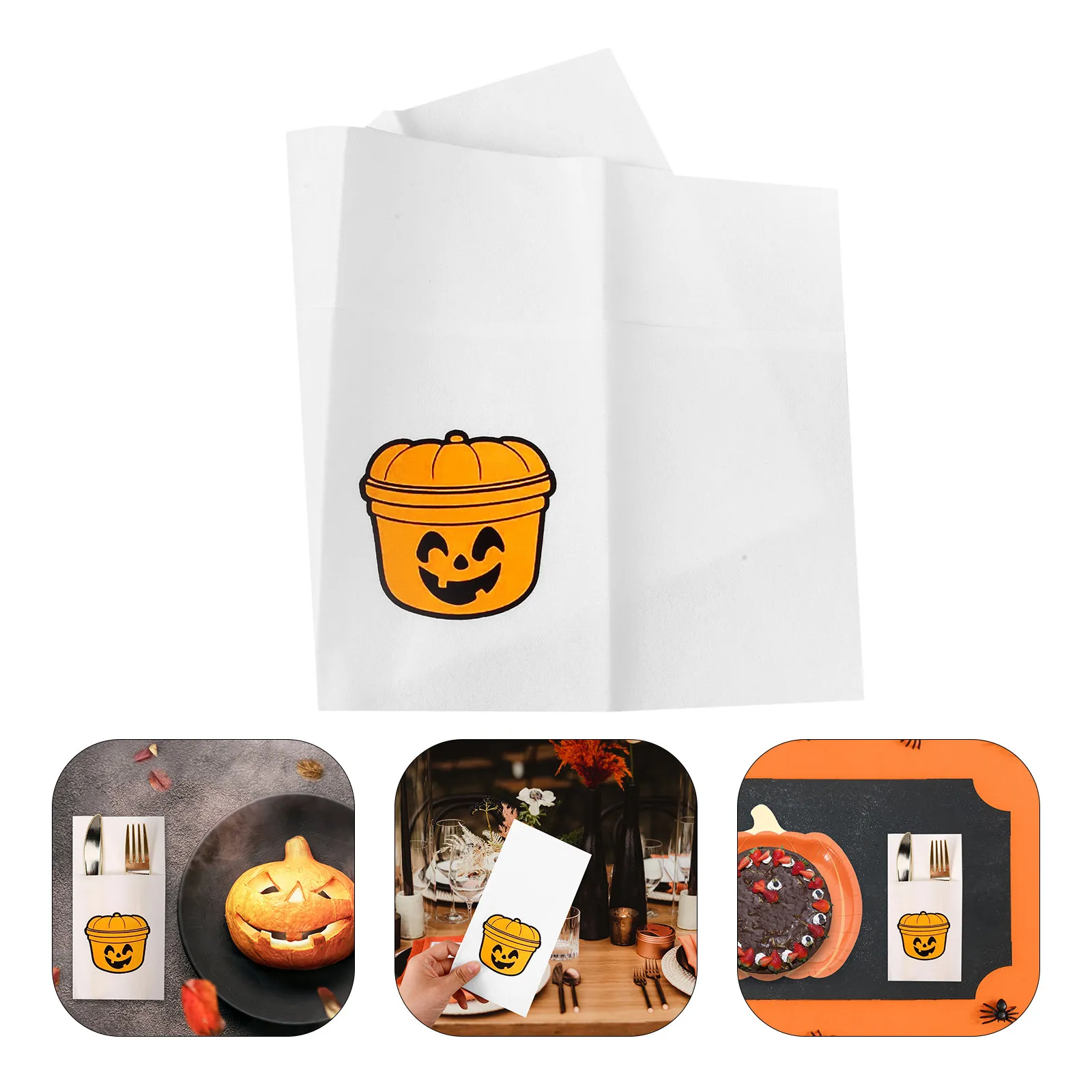 8Pcs Pumpkin Themed Paper Cutlery Covers Disposable Kraft Utensil Holders for Halloween Party Restaurant Hotel Tabletop Service