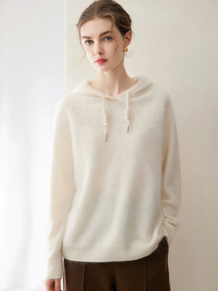 TLOML Women‘s 100% Plush Cashmere Sweater Drawstring Hooded Pullover Autumn Winter Soft Warm Brushed Cashmere Knit Casual Tops