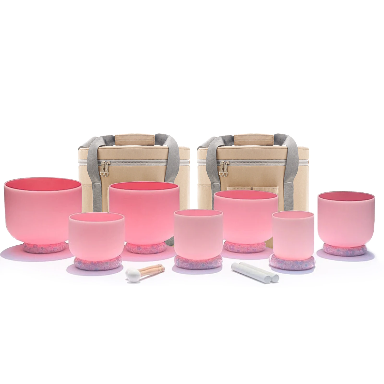 Hye-eun 7-12inch Pink Quartz Crystal Singing Bowl 7pcs Frosted Chakra Bowl Set CDEFGAB Note with Carry Case for Sound Healing