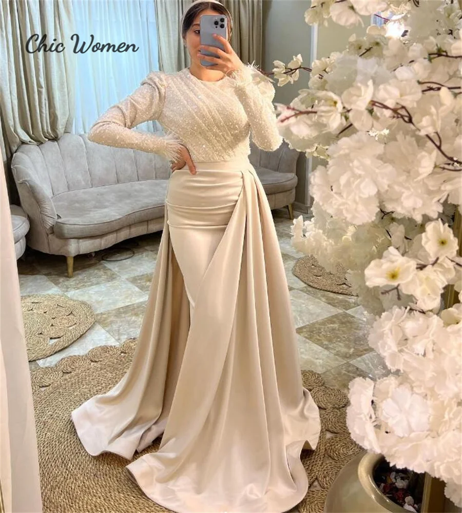 Luxury Turkey Sequin Evening Dress With Overskirt Train Elegant Long Sleeve Muslim Prom Dress Formal Party Gowns Customized