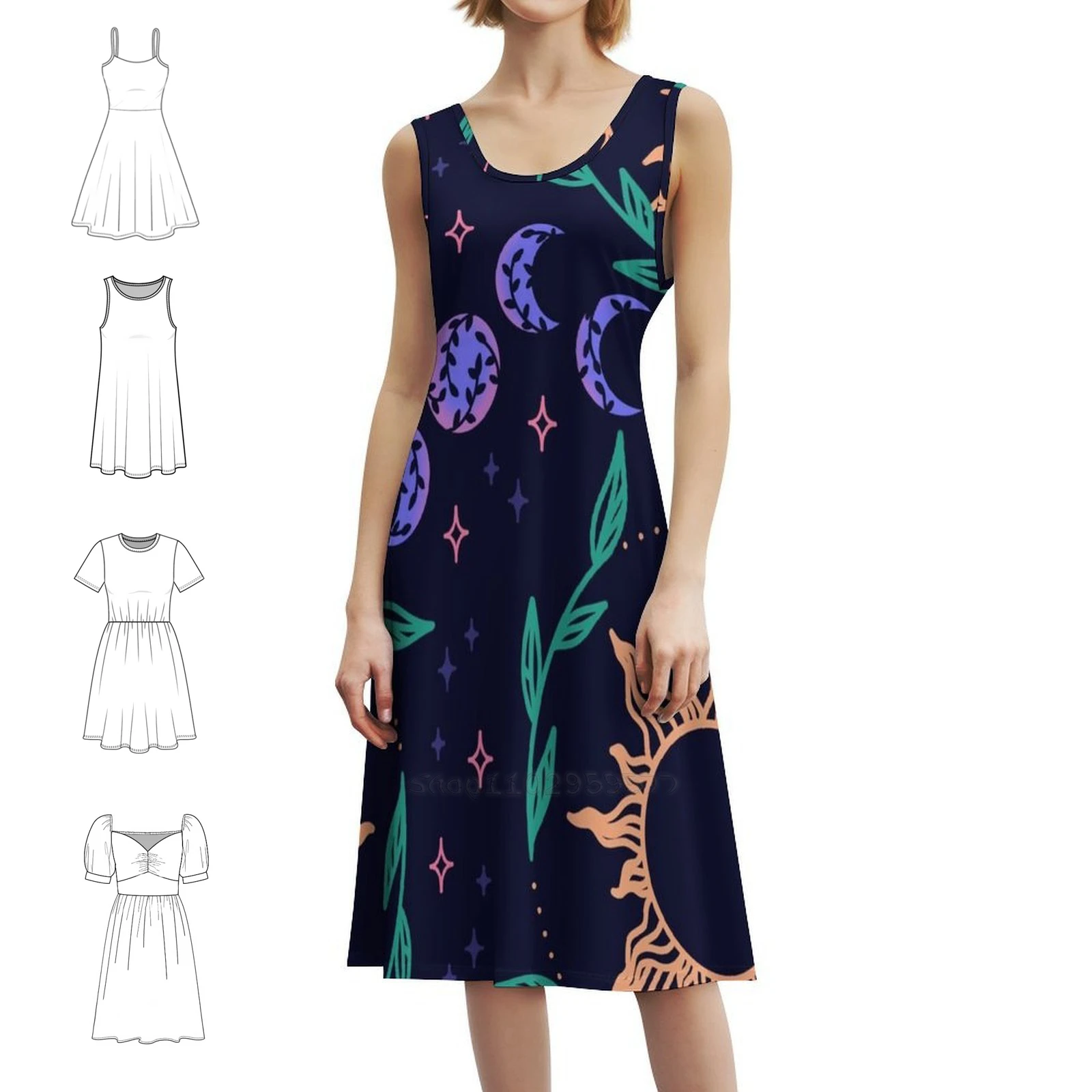 مراحل القمر سلسة نجوم الشمس وأوراق الشجر نمط المرأة الشارع الشهير فستان الحفلات العصرية طباعة نادي الملابس للإناث سلس