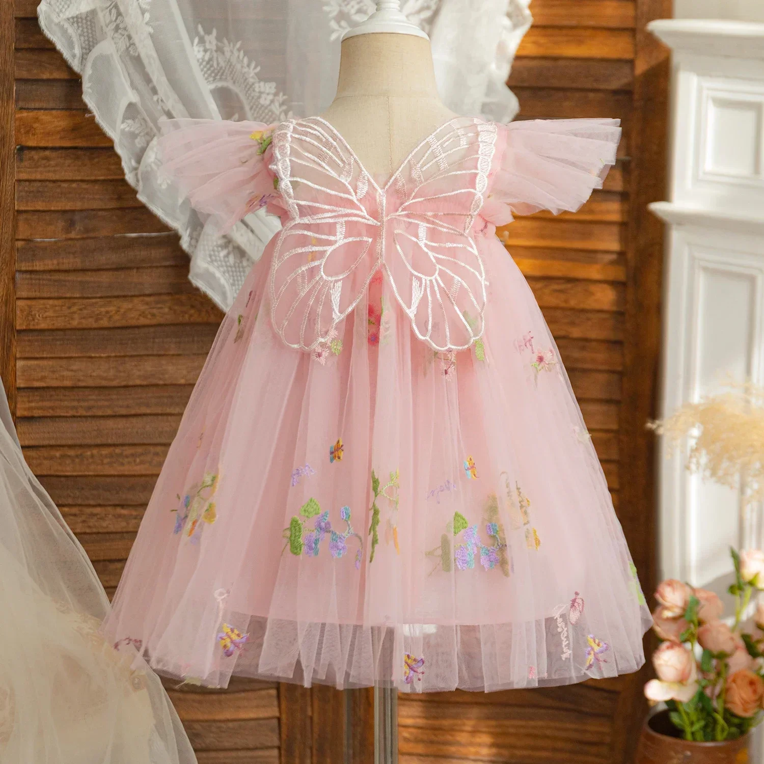 New Baby Girls Birthday Party Evening Dresses Back Butterfly Wings Children Clothes Sweet Floral Embroidery Toddler Kids Costume