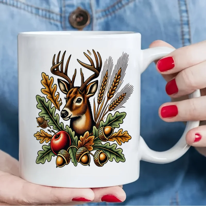 Deer Head With Oak Leaves Wheat Apple Colorful Print Ceramic Coffee Mug 11oz 350ml Personalized Custom Cute Aesthetic Microwave