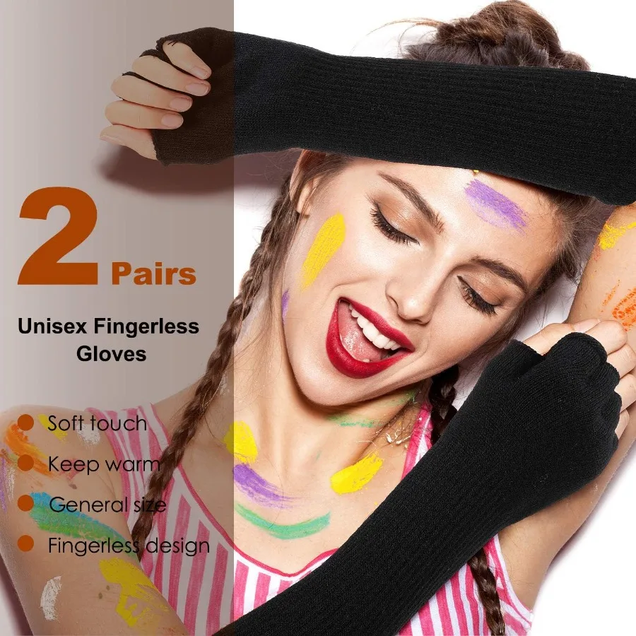 2 أزواج الشتاء أصابع قفازات طويلة الحرارية محبوك القفازات بسط مدفئات للذراع نصف اصبع قفازات للرجال النساء 11 بوصة لكل #4