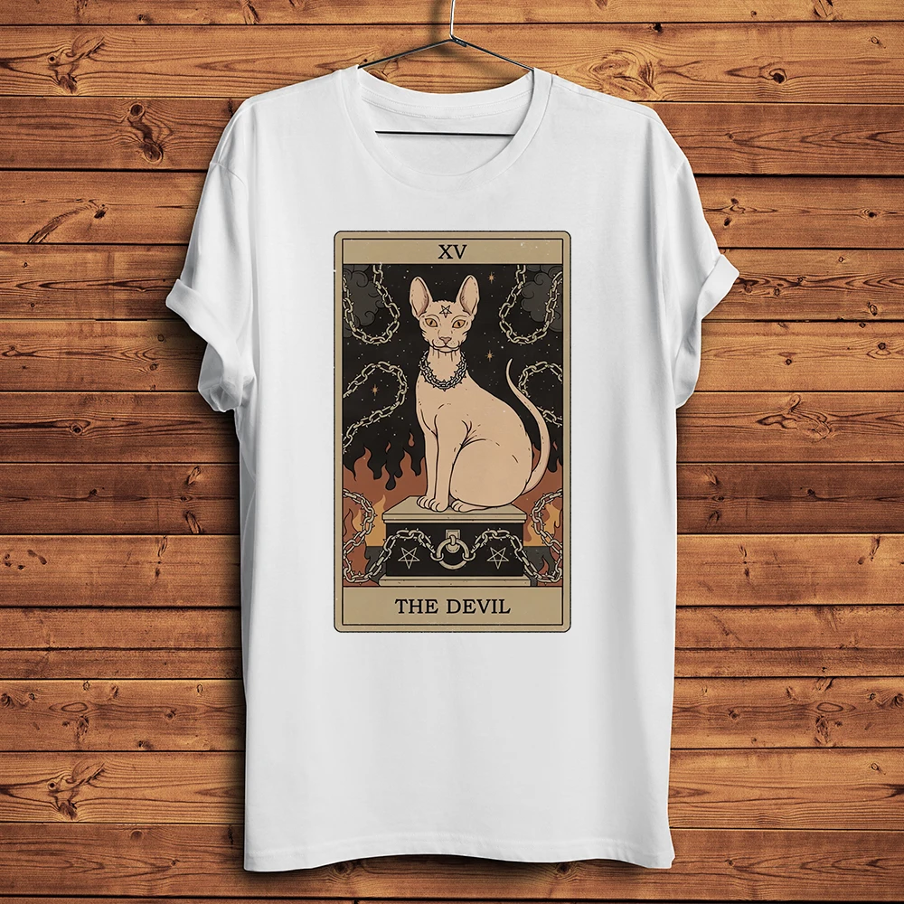 Black Cat Tarot Card Funny Meow T Shirt Men Homme Daily Short Sleeve Causal TShirt Unisex Breathable Streetwear Tee