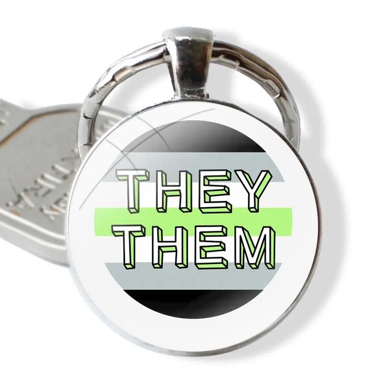 Nonbinary They Them Non Binary Pronouns Frog She Her Keychain Handmade Glass Cabochon Key Ring Holder Pendant Key Chains