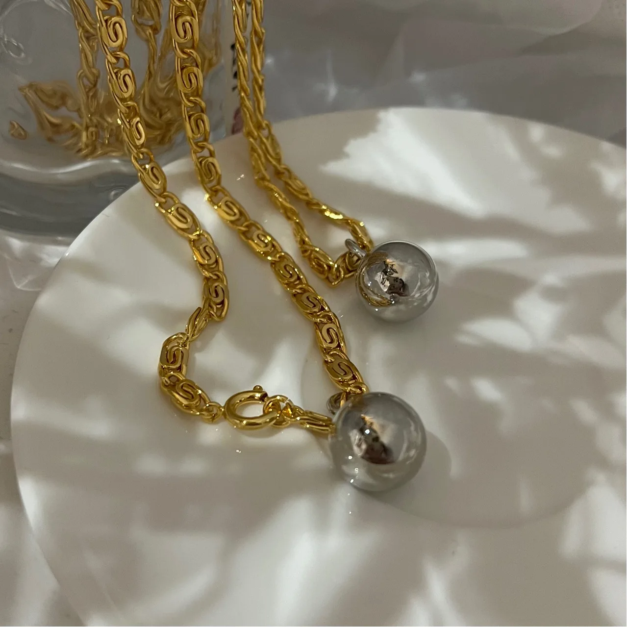 Brass 2 Tone Ball Pendant Necklace Women Jewelry Punk Designer Runway Rare Gown Boho Japan Korean