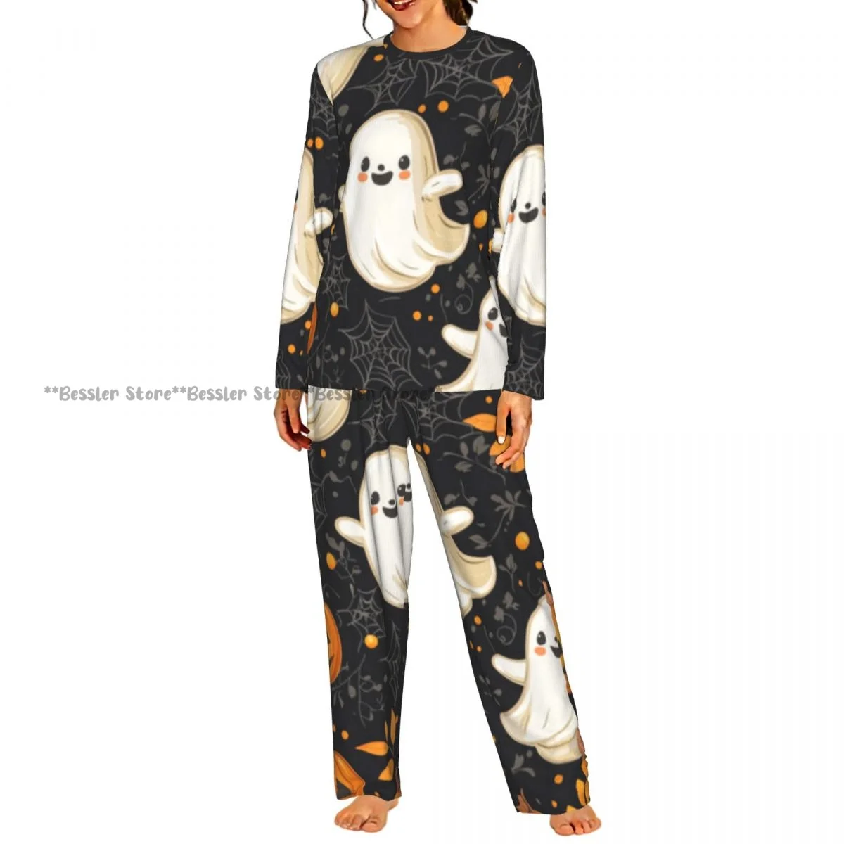 Women Round Neck Pajama Suit Long Sleeve Tops Long Pants Cute Ghosts Pumpkin And Flower Pattern Ladies Nightwear Home Outfit