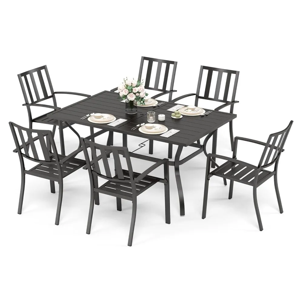

7-Piece Patio Dining Set for 6, 60.2" Metal Outdoor Table with Umbrella Hole & 6 Stackable Chairs, Heavy-Duty 300LB, Customized