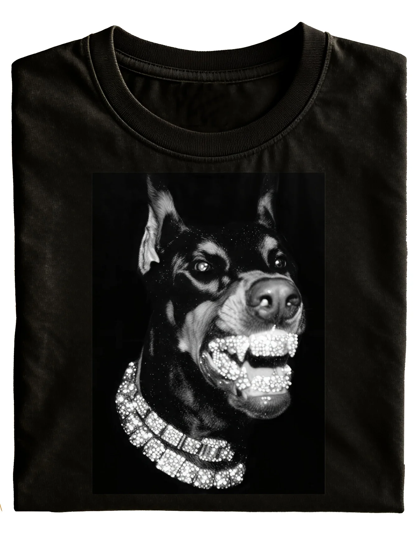 Cool Dog with Diamond Grill And Chain Black Crewneck T-Shirt for Men Women Casual Wear Gift Idea   Fashionable Versatile Holiday Style, PLUS SIZE