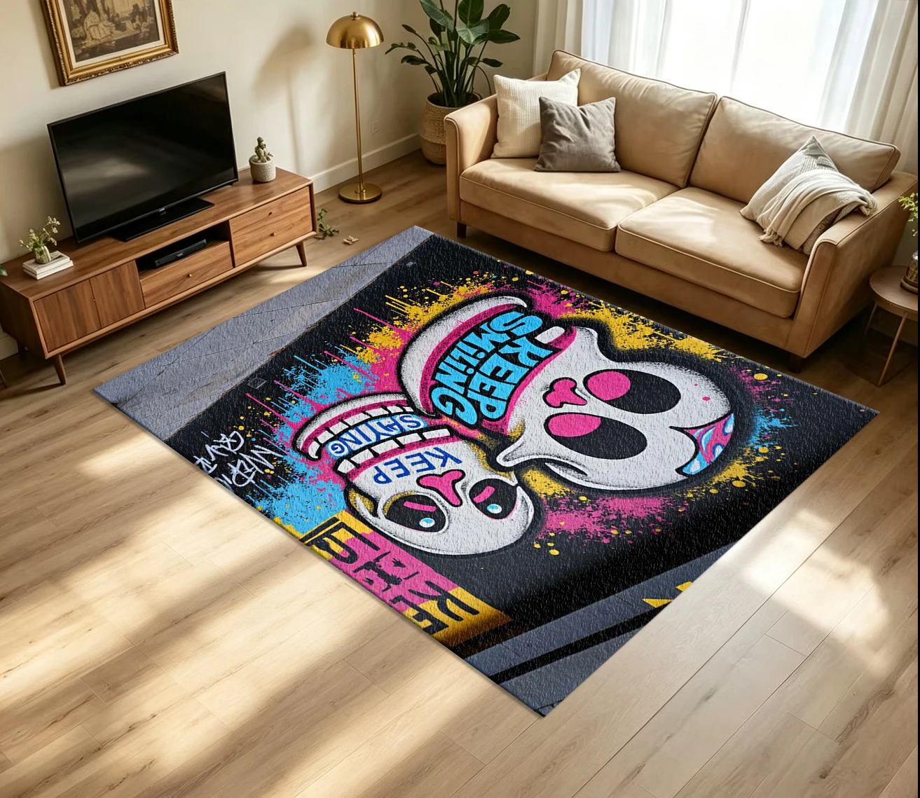Street Graffiti Skull Art Carpet Flooring Bright Splash Color Punk Style Text Graphic Printed Floor Rug for Household Indoor Home Trendy Decor