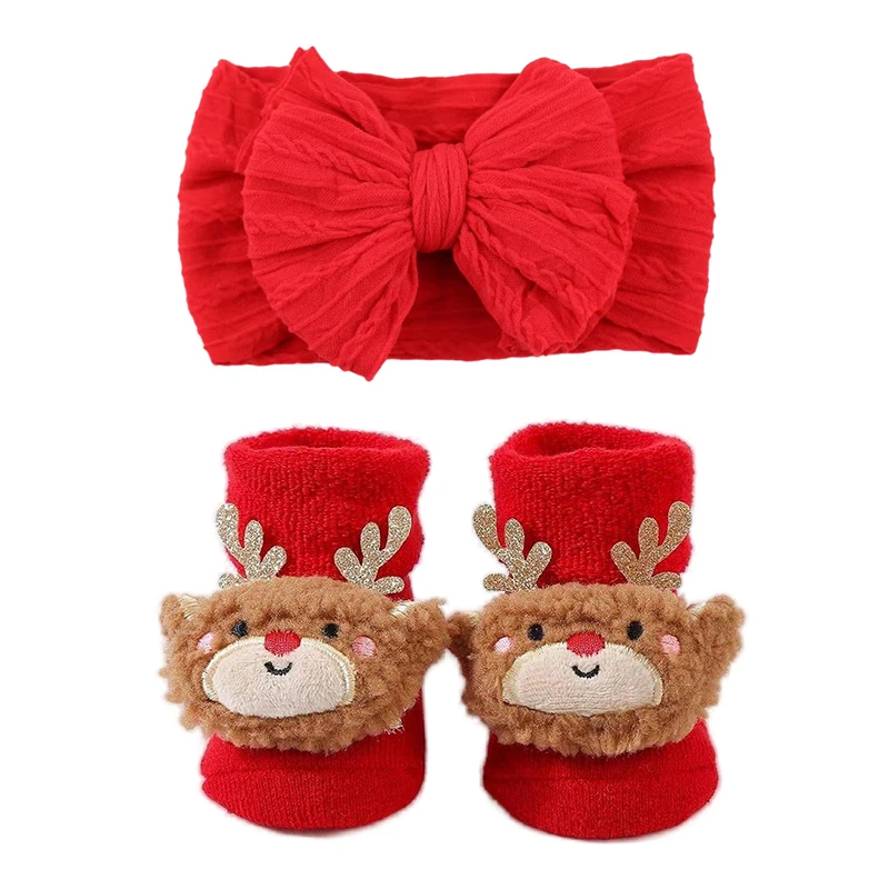 Gift Christmas Nylon Red Bow Headband Baby Infant Warm Socks Newborn Baby Girl Socks Headband Set Children Hair Accessories 0-1T